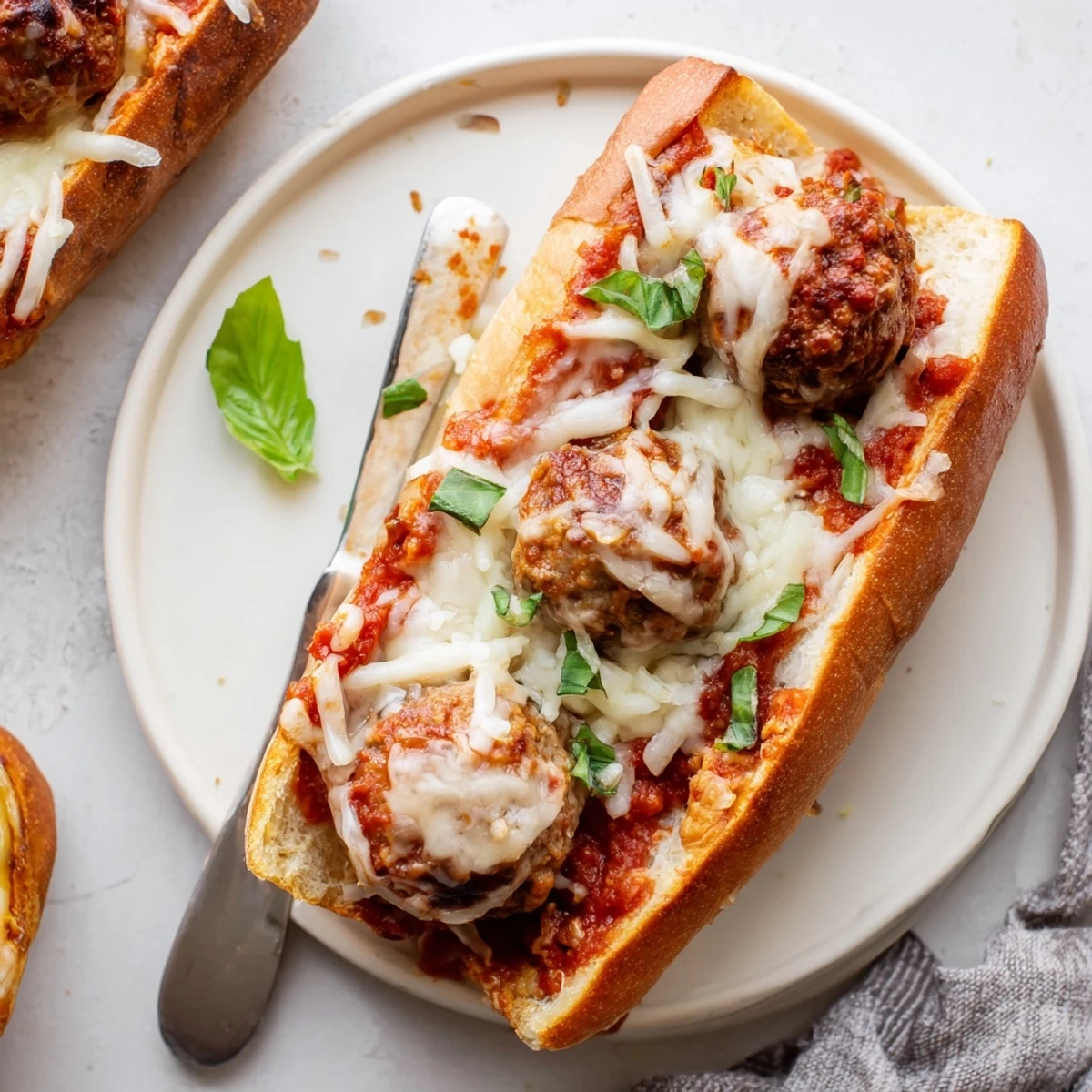 Family-style Cheesy Meatball Subs served hot with crunchy chips and salad