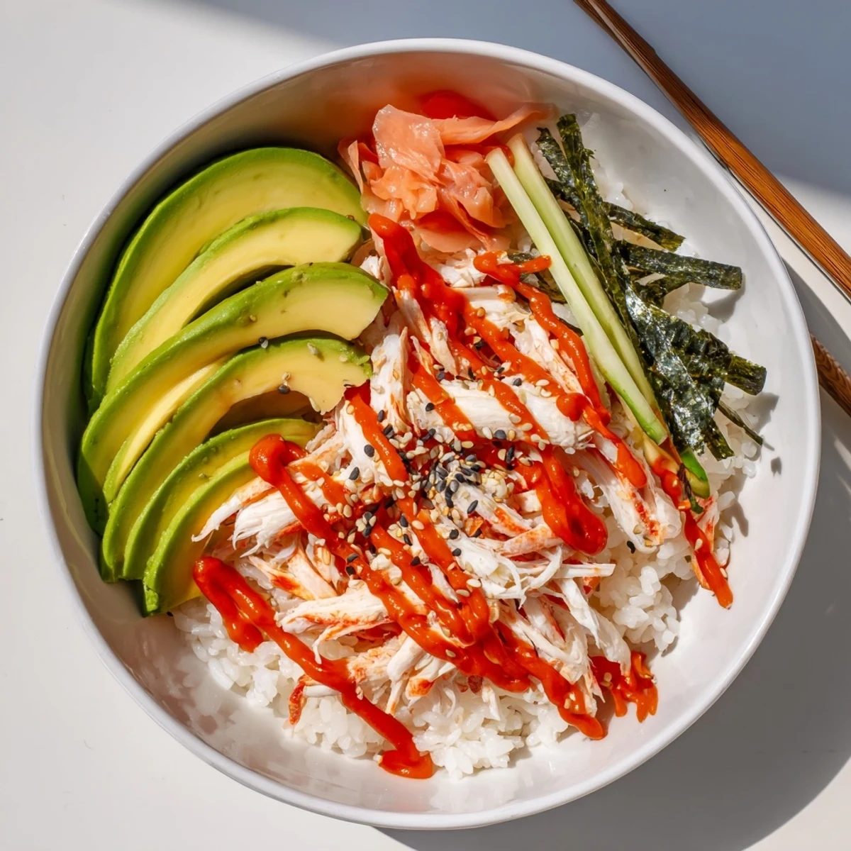 Bright California Roll Sushi Bowls layered over warm seasoned sushi rice, pickled ginger