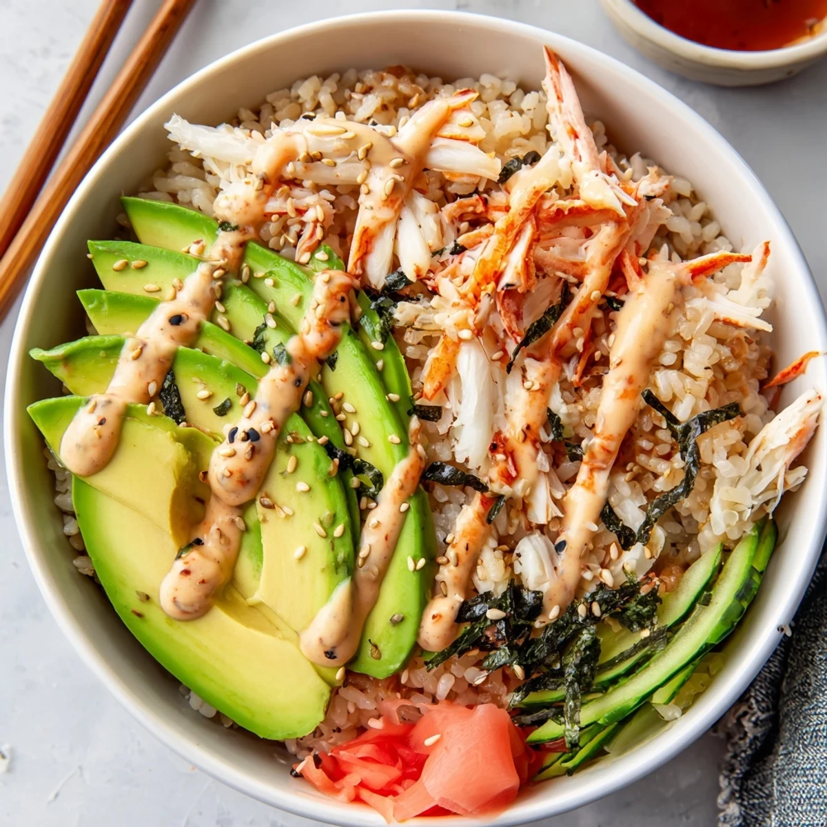 California Roll Sushi Bowls with creamy avocado, shredded crab, sesame-sprinkled rice