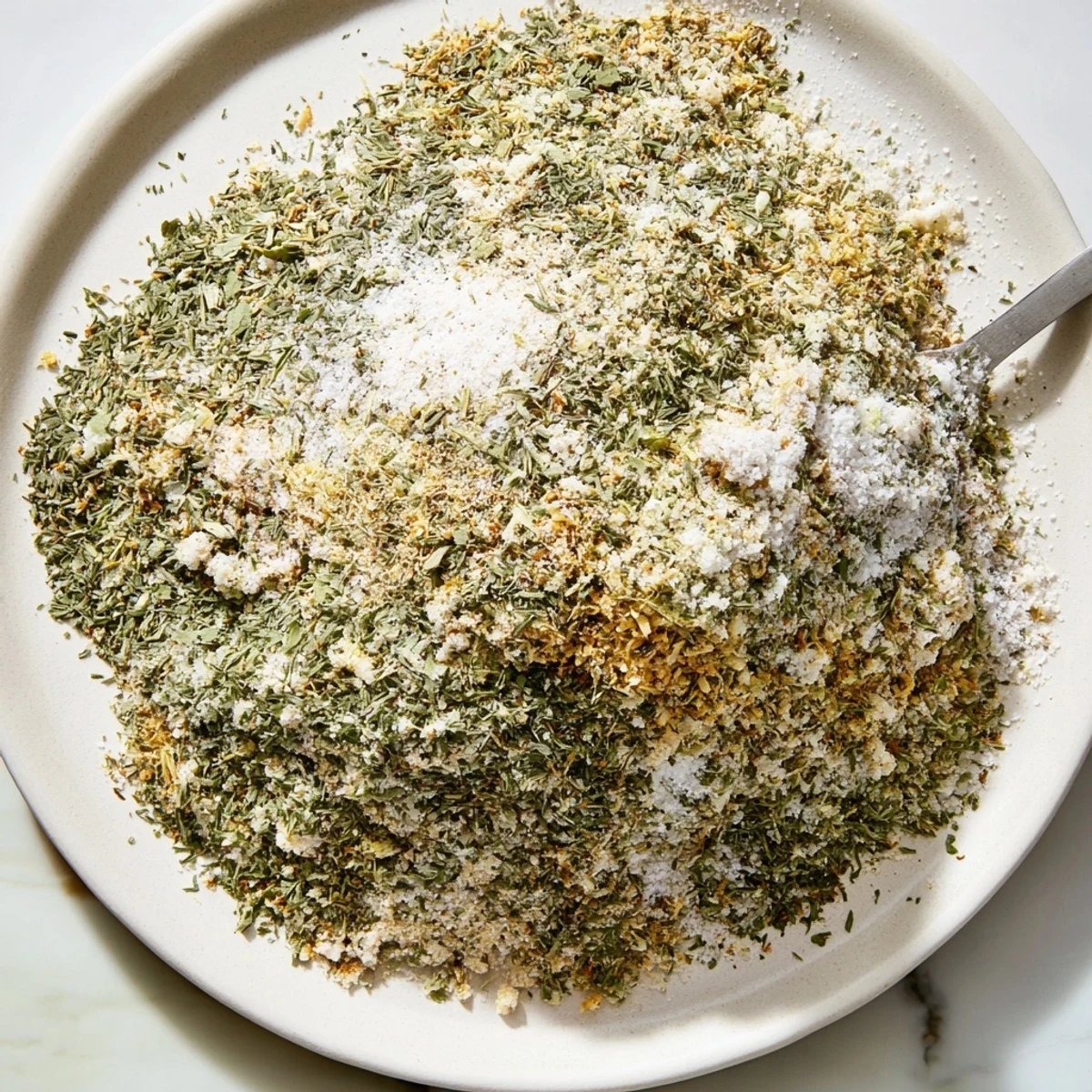 Jar of Dehydrated Tzatziki Seasoning Mix with spoon, fragrant herbs visible