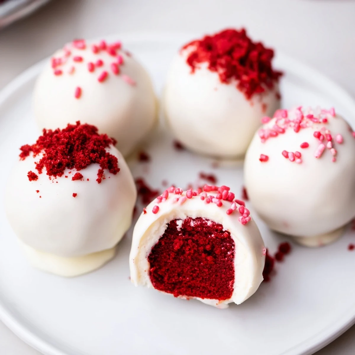 Red Velvet Cheesecake Balls coated in glossy chocolate, sprinkled with red crumbs.