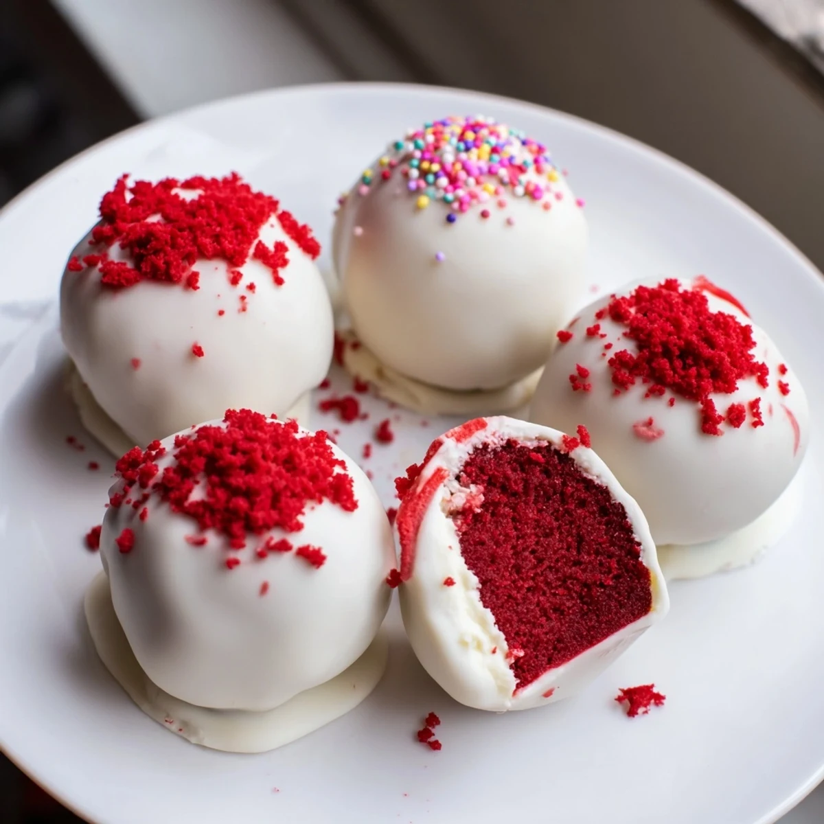 Mini Red Velvet Cheesecake Balls chilled to set, perfect for party platters.