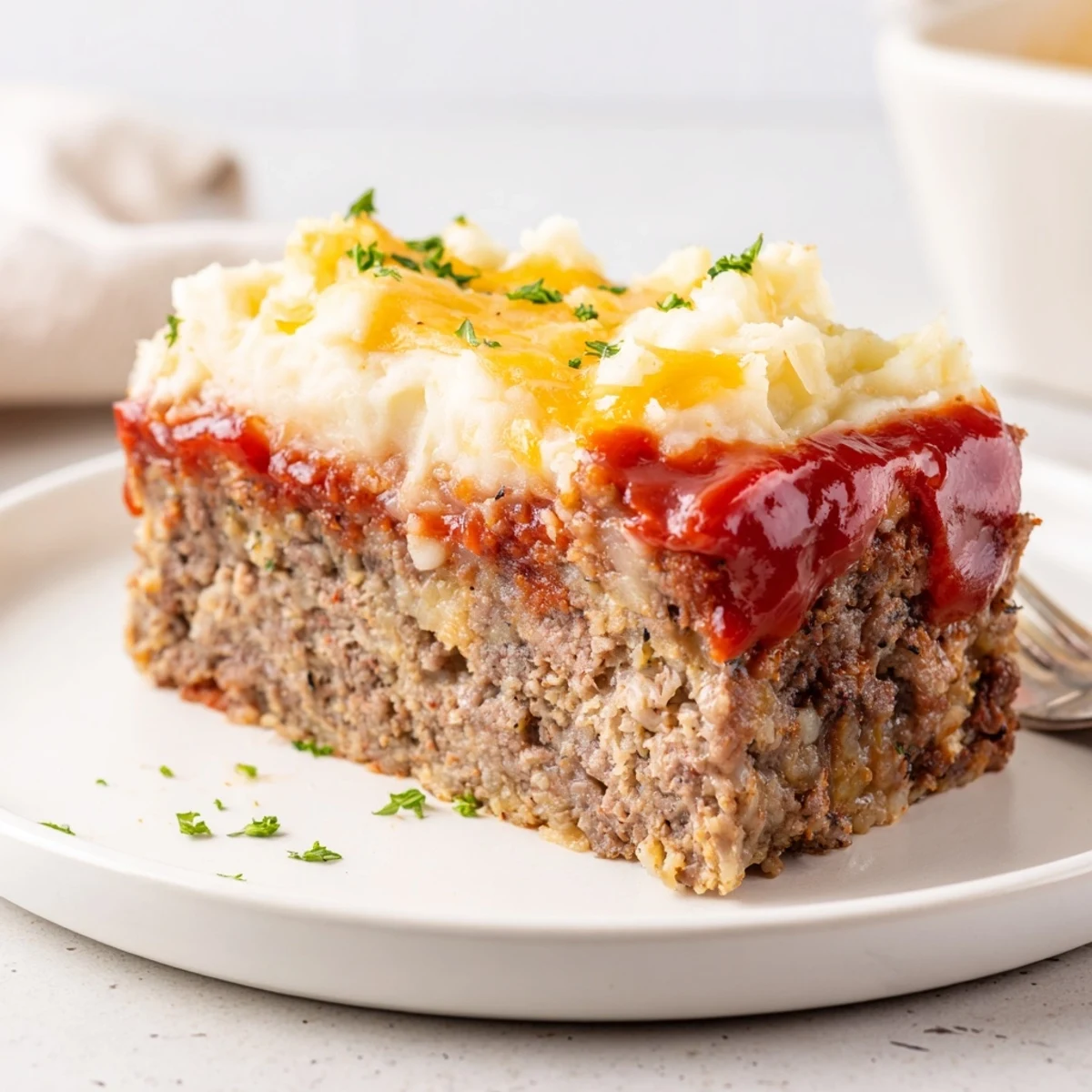 Hearty Meatloaf Casserole with golden cheddar, bubbling edges and creamy mashed potatoes