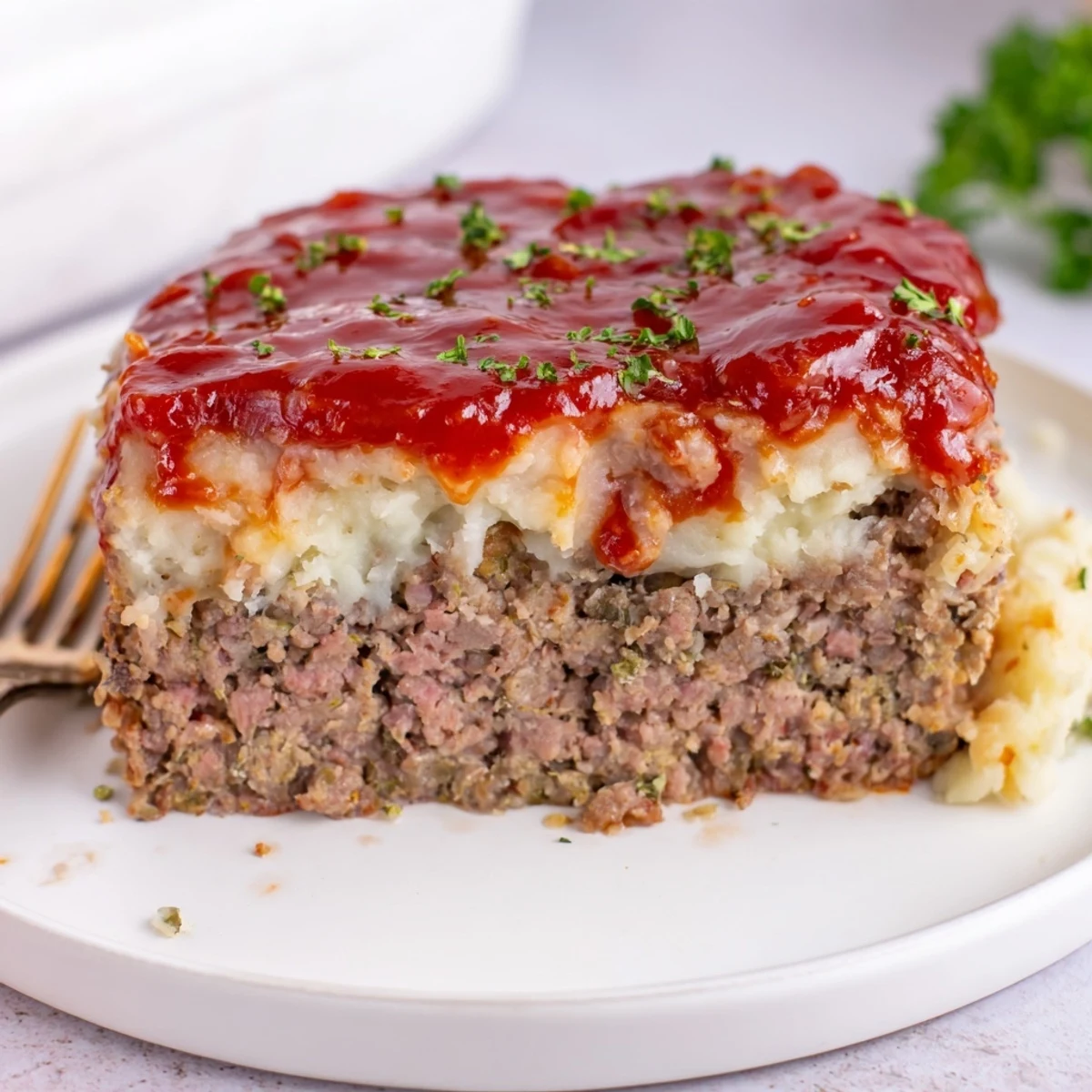 Oven-browned Meatloaf Casserole topped with melted cheddar, ready for family dinner