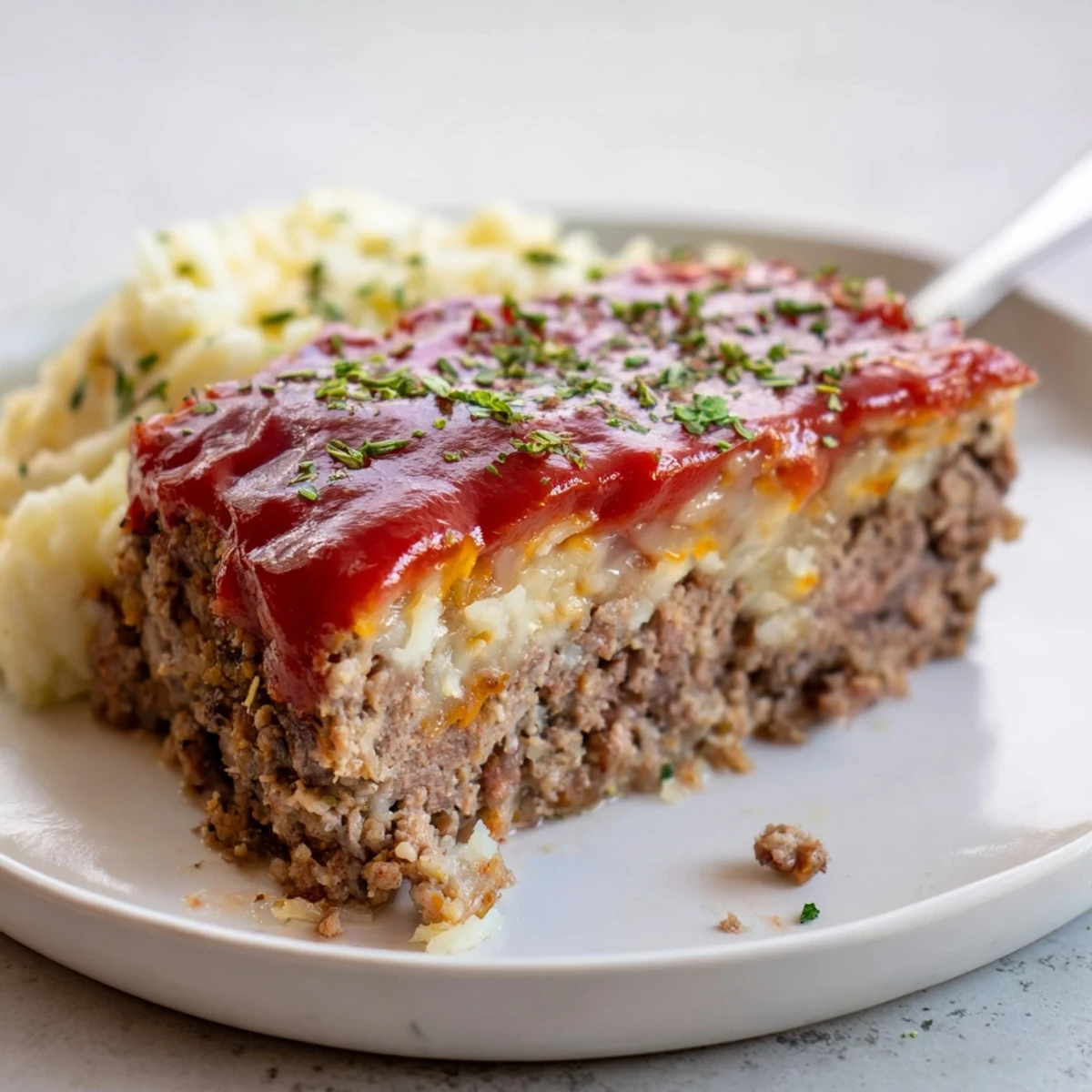 Warm Meatloaf Casserole sliced on plate, savory ketchup glaze and parsley