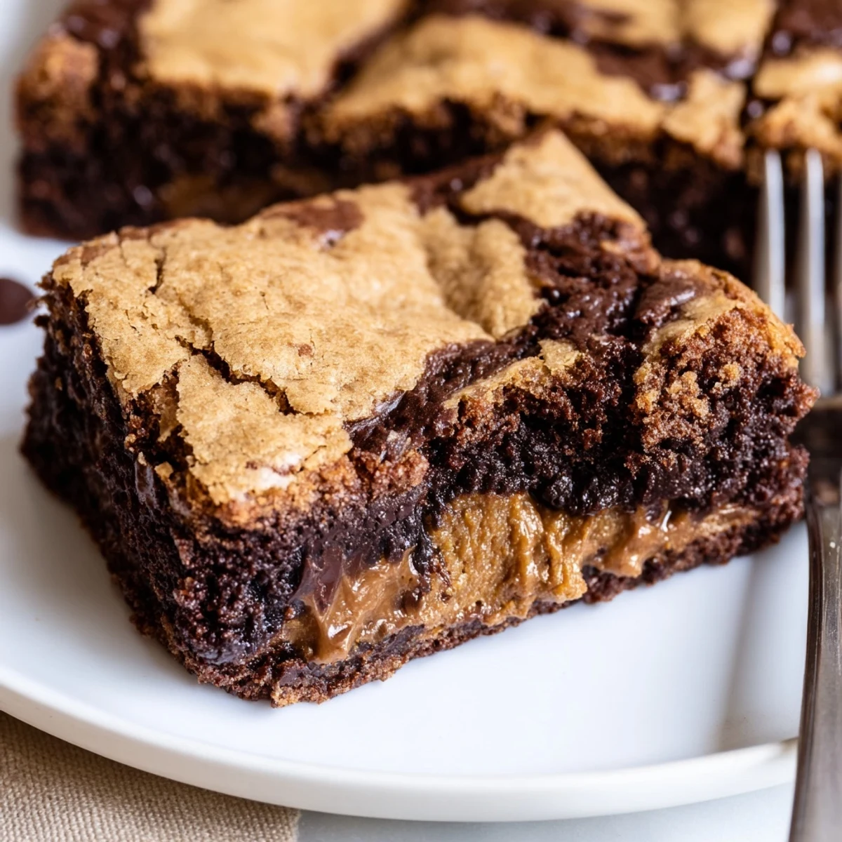 Slice of Fudgy Chewy Brookies Recipe revealing gooey brownie and chewy cookie layers