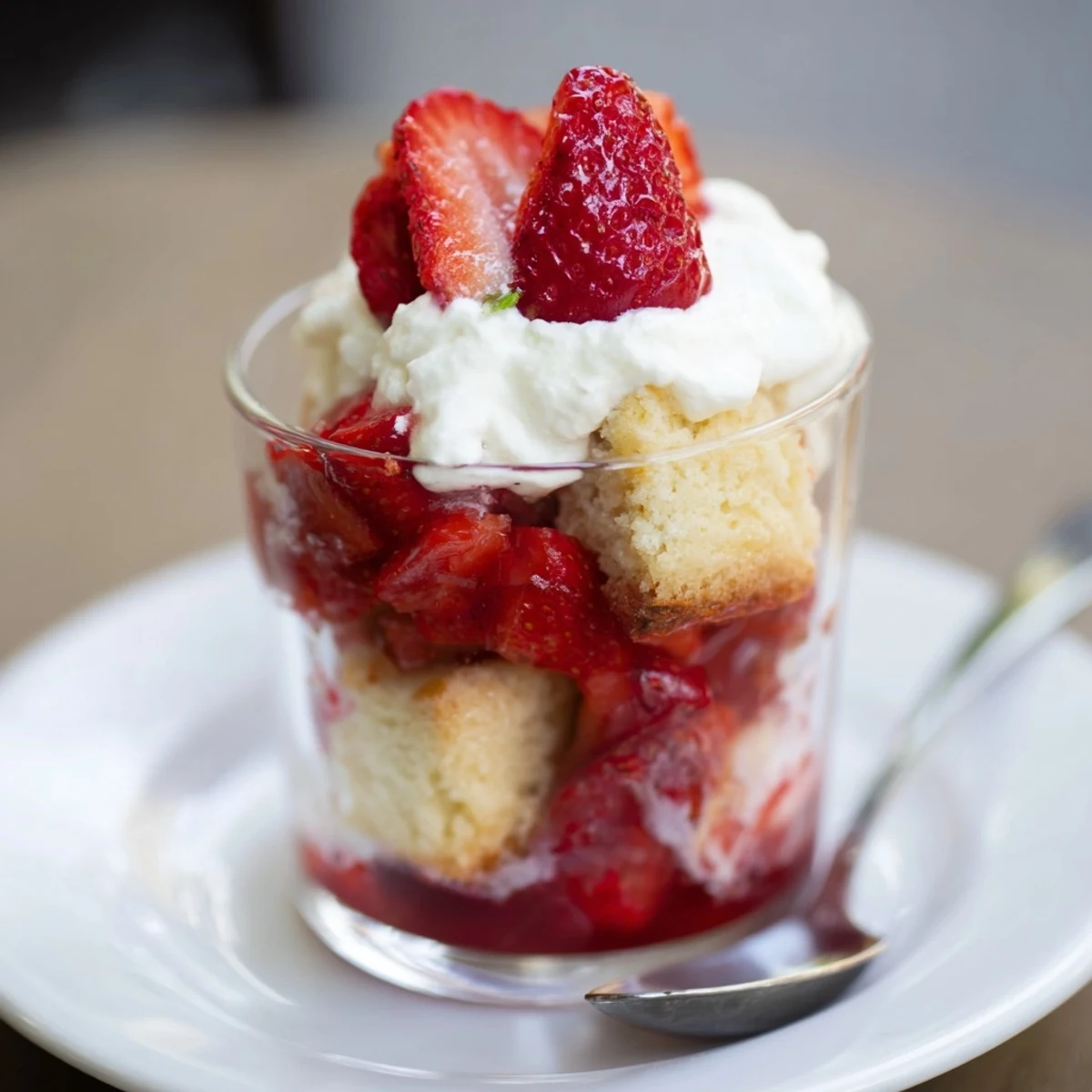 Layered Strawberry Shortcake Trifles showing golden shortcake, macerated strawberries, and whipped cream