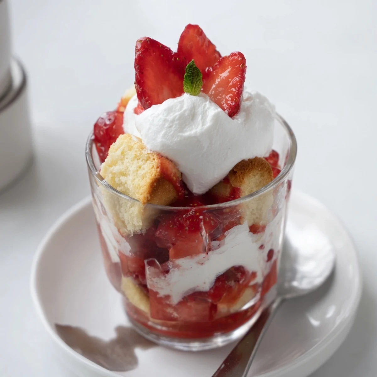 Strawberry Shortcake Trifles in glass jars with juicy berries and fluffy cream
