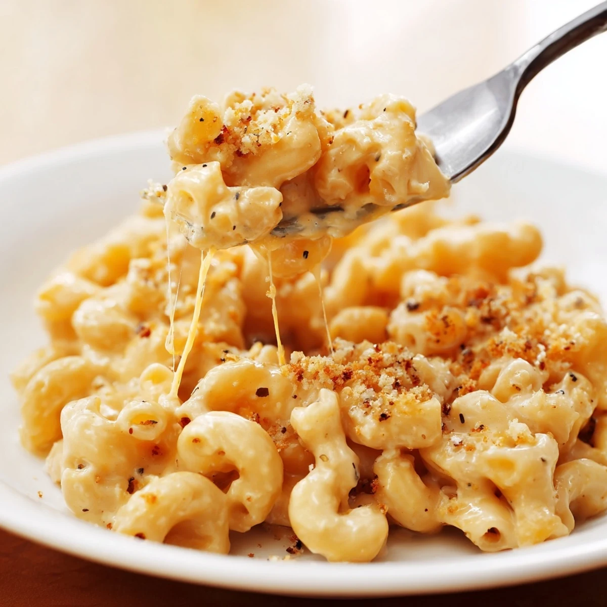 Oven-browned Mac And Cheese topped with crunchy breadcrumbs, served hot.