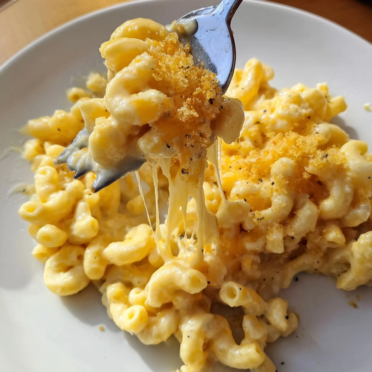 Velvety Mac And Cheese spoonful on plate, tangy Dijon and melted cheddar.