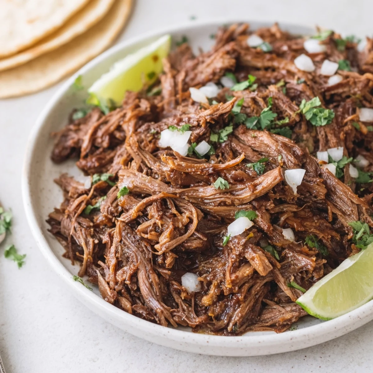 Slow Cooker Beef Barbacoa piled on warm corn tortillas with cilantro