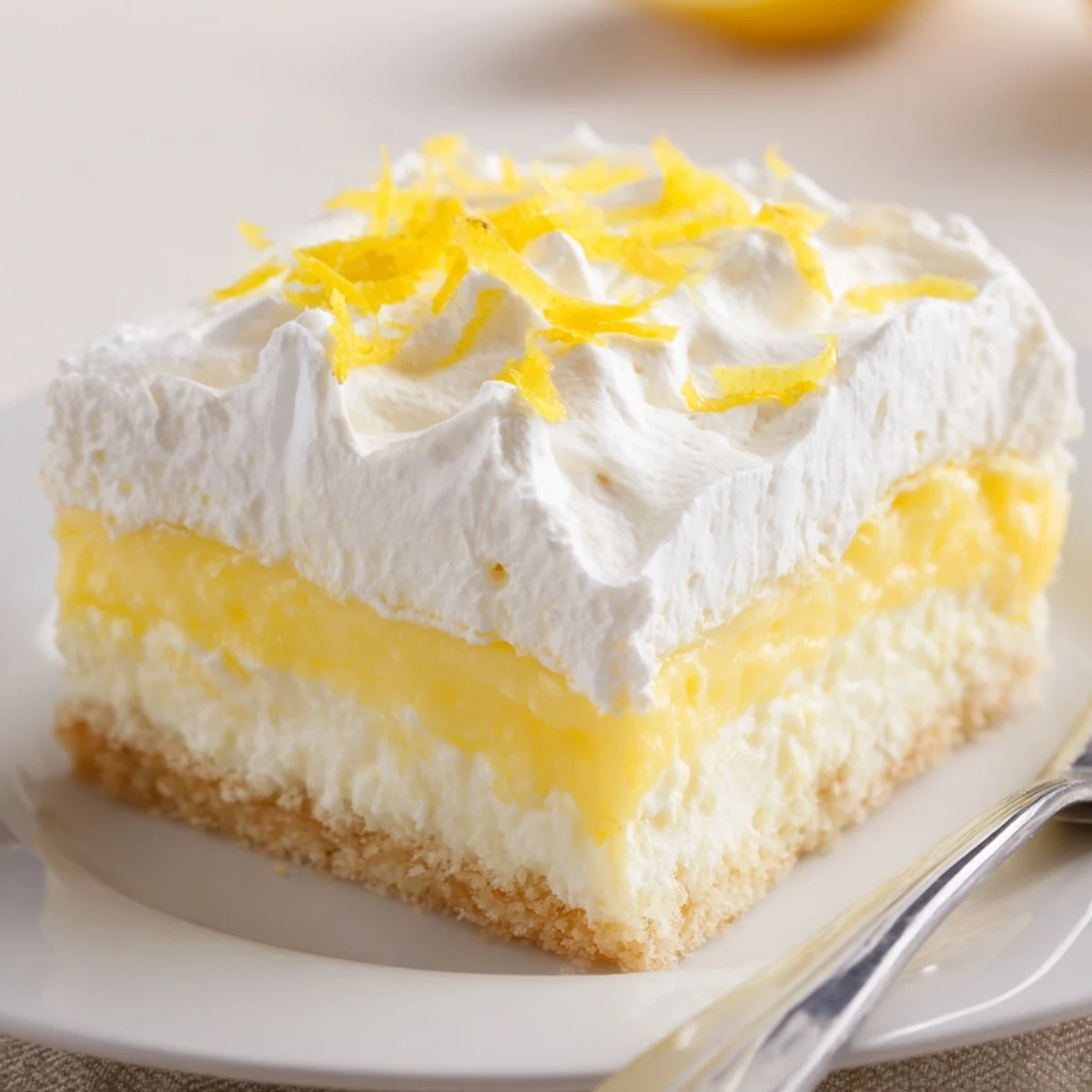 Generous squares of Lemon Lush Cake topped with lemon zest, perfect with tea.