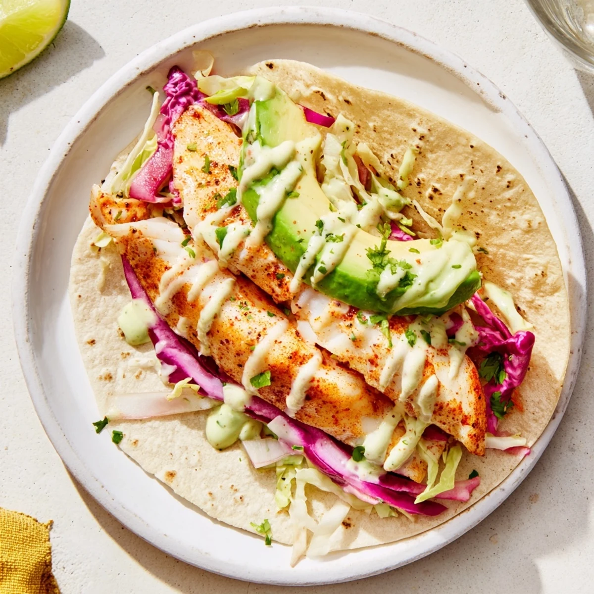 Baked Cod Fish Tacos with Creamy Cilantro Lime Sauce on warm tortillas, flaky fish.