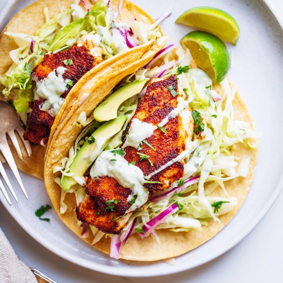 Crisp slaw and avocado top Baked Cod Fish Tacos with Creamy Cilantro Lime Sauce.