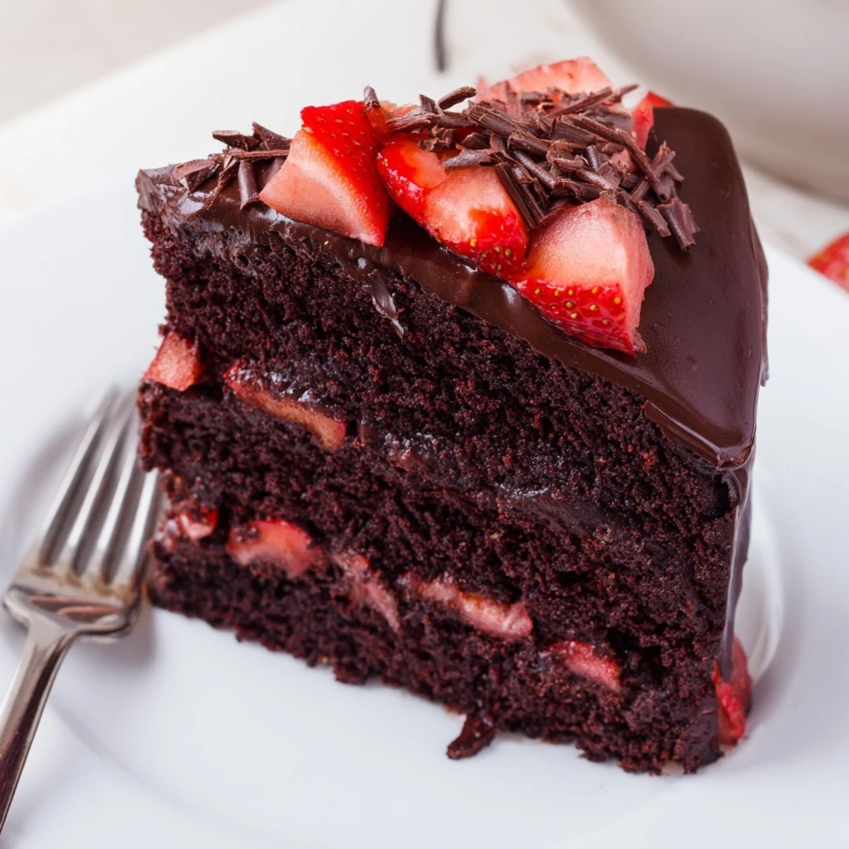 Strawberry Chocolate Cake with glossy ganache, fresh sliced berries, decadent moist crumb