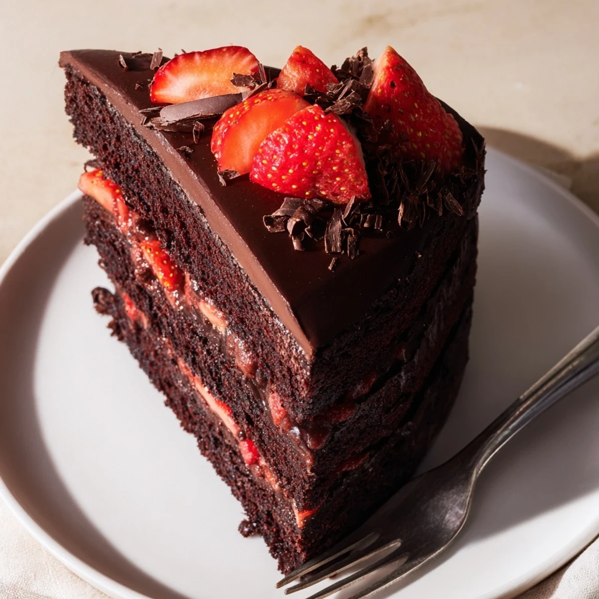 Slice of Strawberry Chocolate Cake topped with halved strawberries, chocolate shavings
