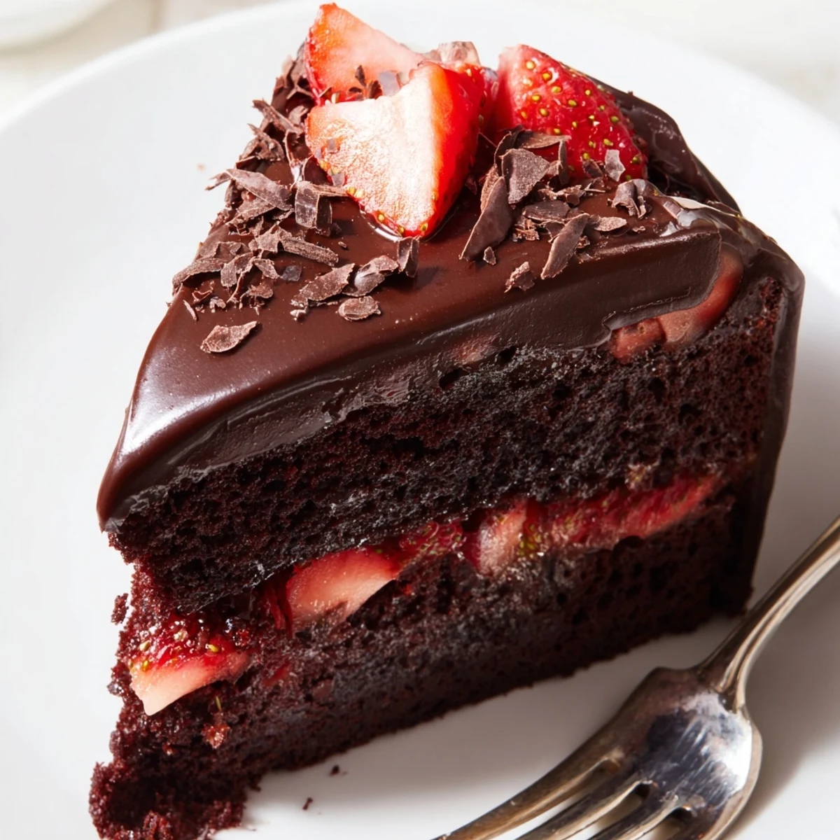 Chocolate ganache dripping over layered Strawberry Chocolate Cake, ready to serve chilled