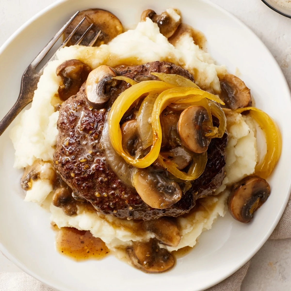 Country Style Smothered Cube Steak Recipe topped with glossy onion and mushroom gravy