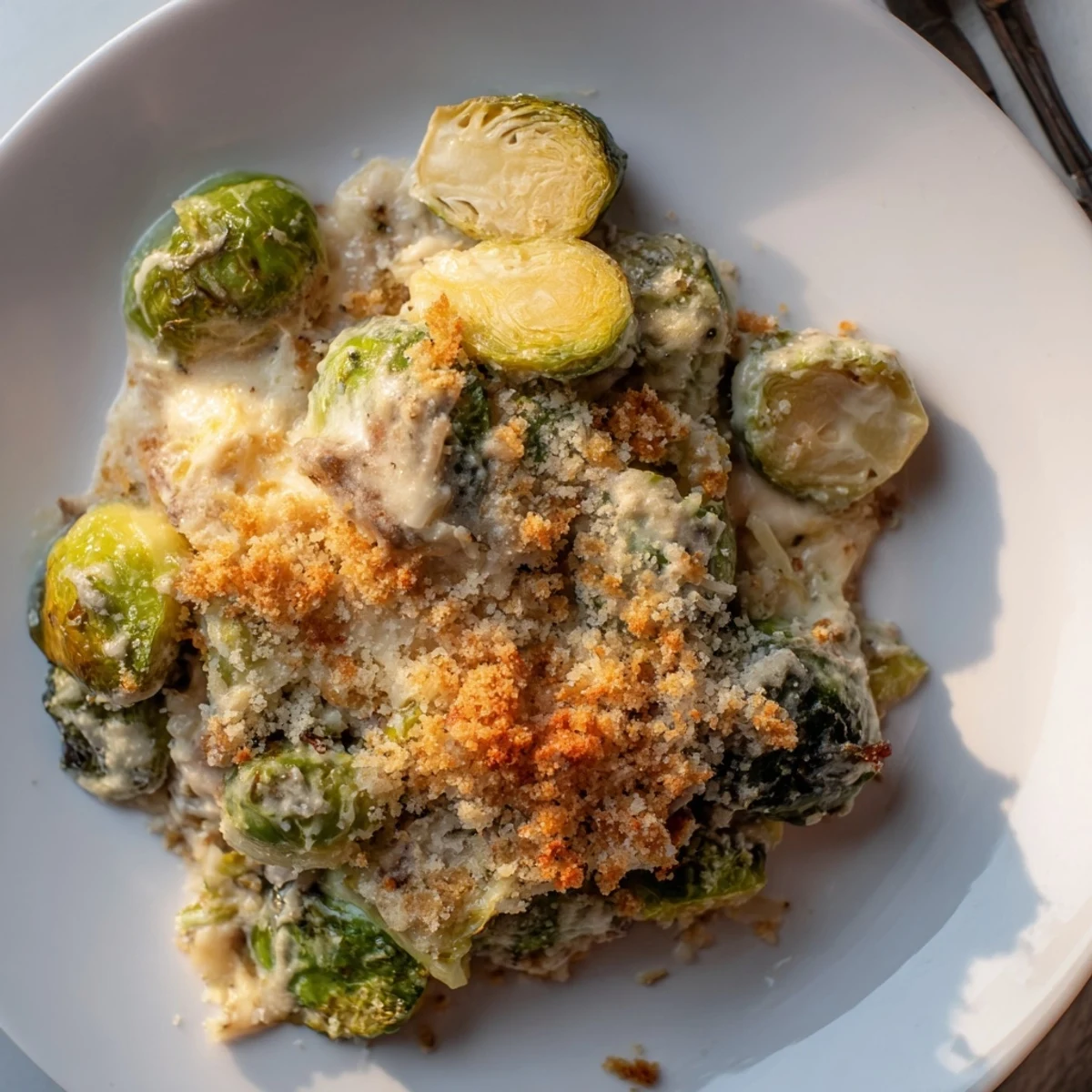 A steaming Creamy Parmesan Brussels Sprouts Casserole, fragrant with garlic and thyme