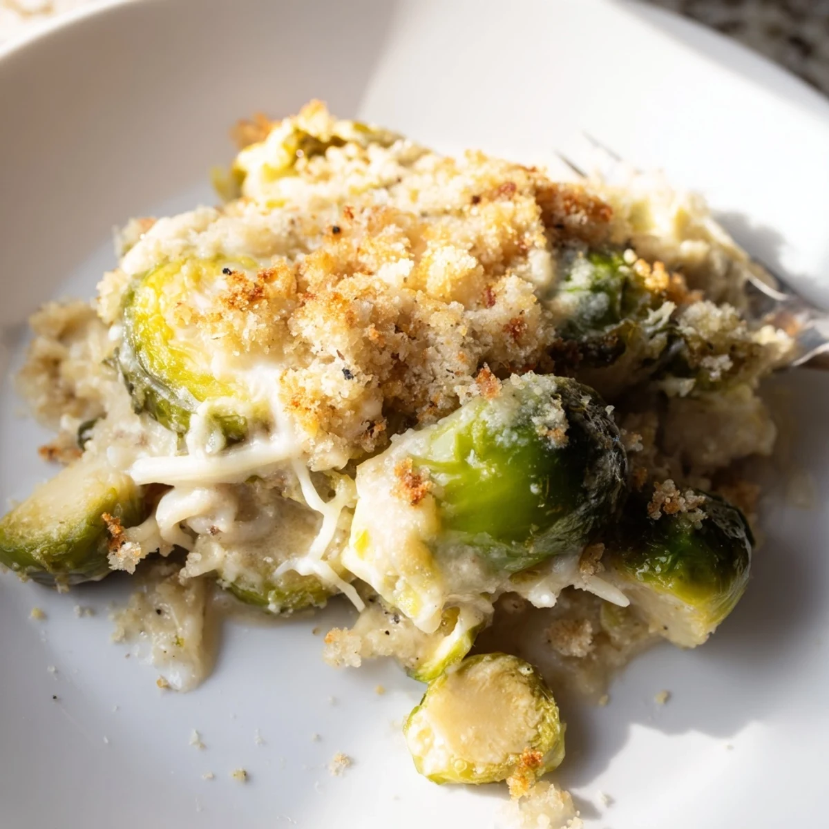 Creamy Parmesan Brussels Sprouts Casserole bubbling with golden breadcrumb crust, ready to serve