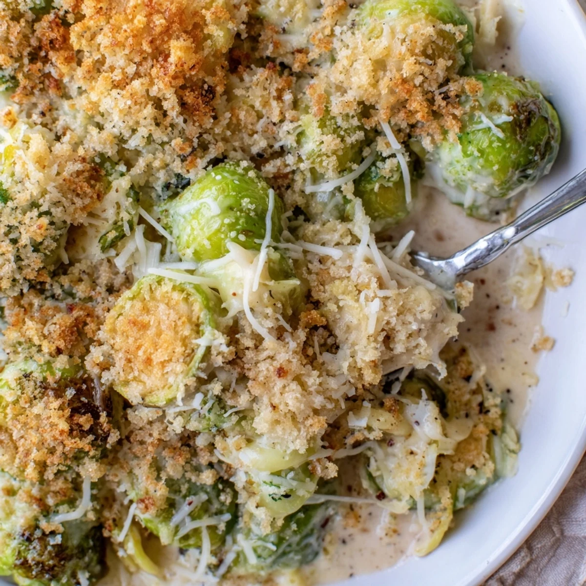 Baked Creamy Parmesan Brussels Sprouts Casserole with crunchy panko topping, ideal for holidays