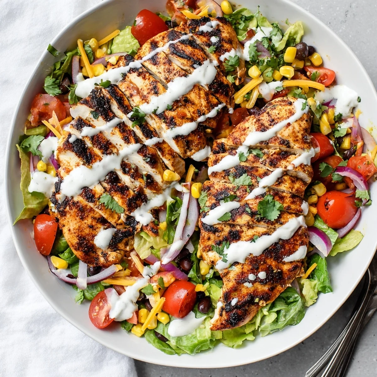 Southwestern Chicken Salad with juicy grilled chicken, roasted corn, creamy avocado.