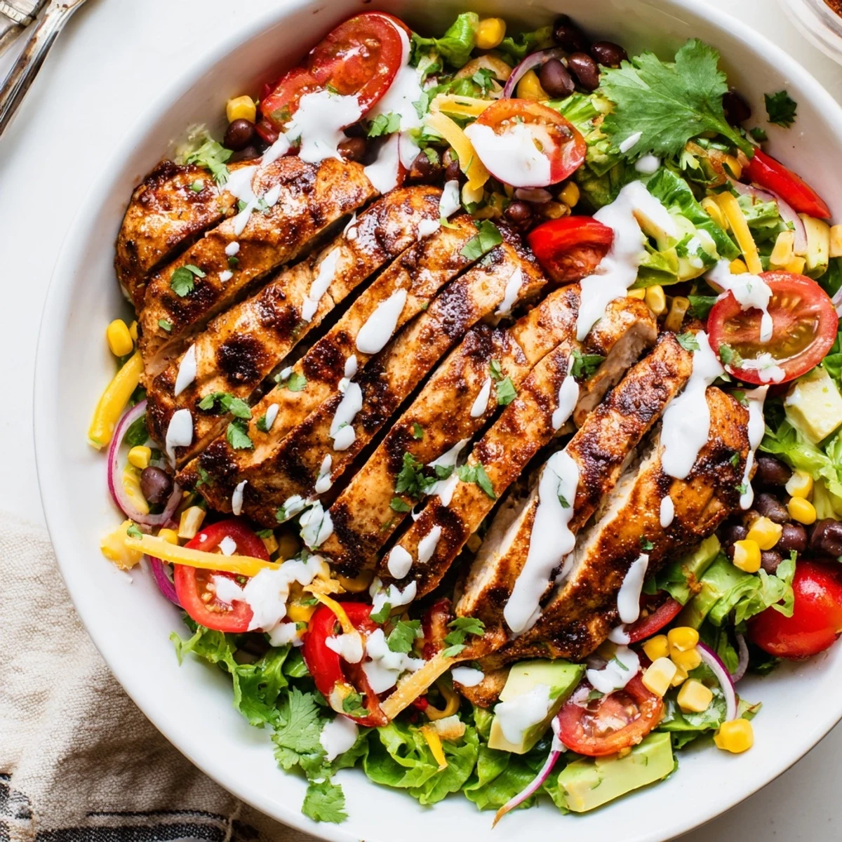 Colorful Southwestern Chicken Salad featuring crisp greens, black beans, cilantro, lime.