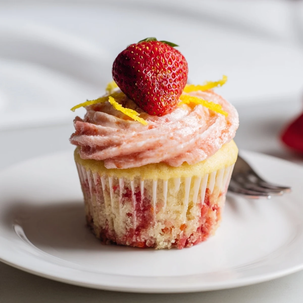 Strawberry Lemonade Cupcakes with swirls of pink buttercream and fresh strawberry garnish
