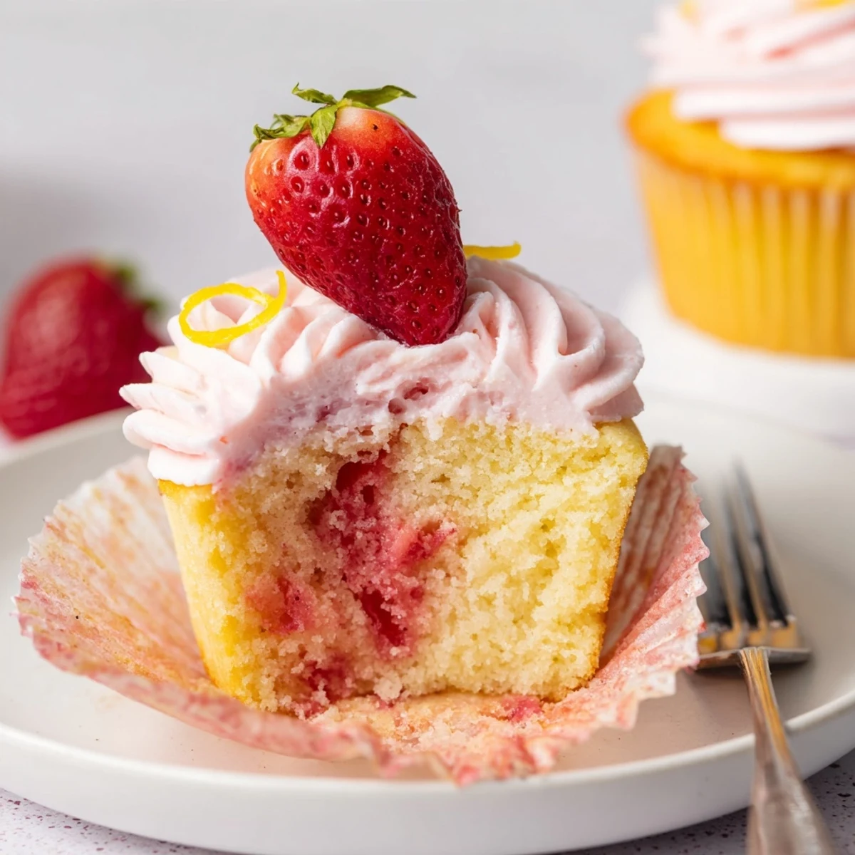 Warm Strawberry Lemonade Cupcakes topped with fluffy buttercream and a thin lemon slice