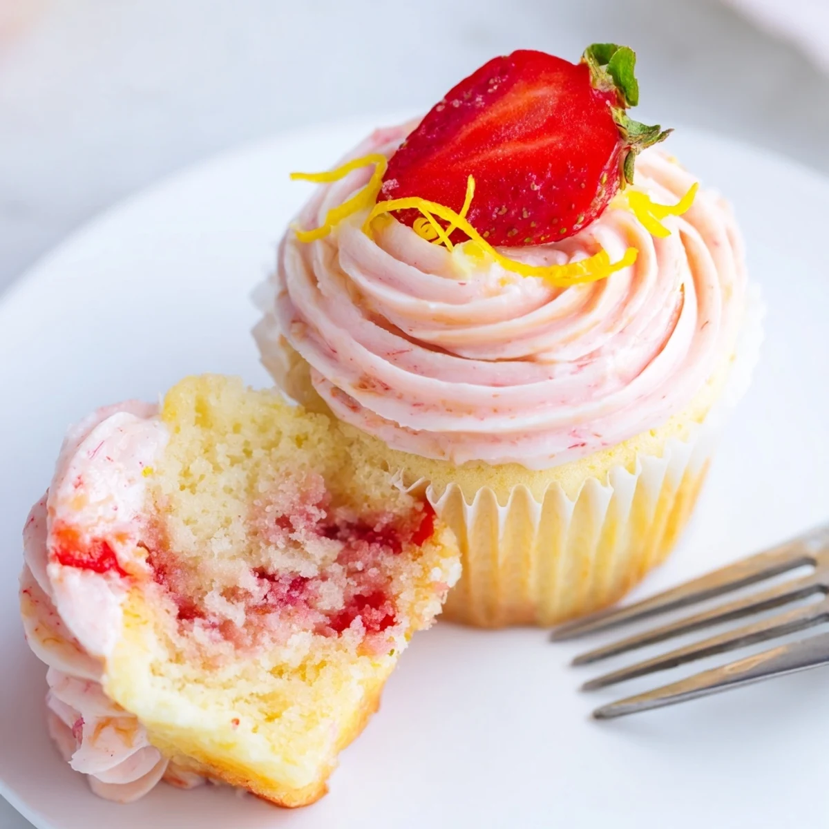 Individual Strawberry Lemonade Cupcakes arranged on picnic plate beside sparkling lemonade glass