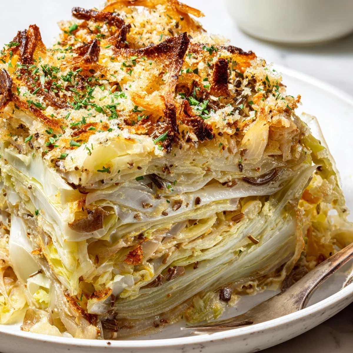 Golden-topped Slow Roasted Cabbage And Sauerkraut Casserole, steaming, herb-scented, ready to serve