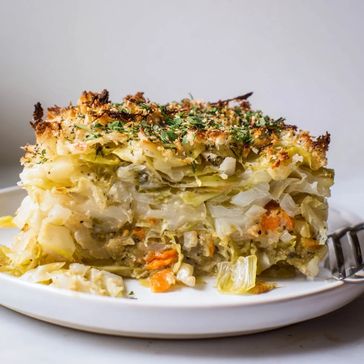 A steaming Slow Roasted Cabbage And Sauerkraut Casserole beside rye bread and mustard
