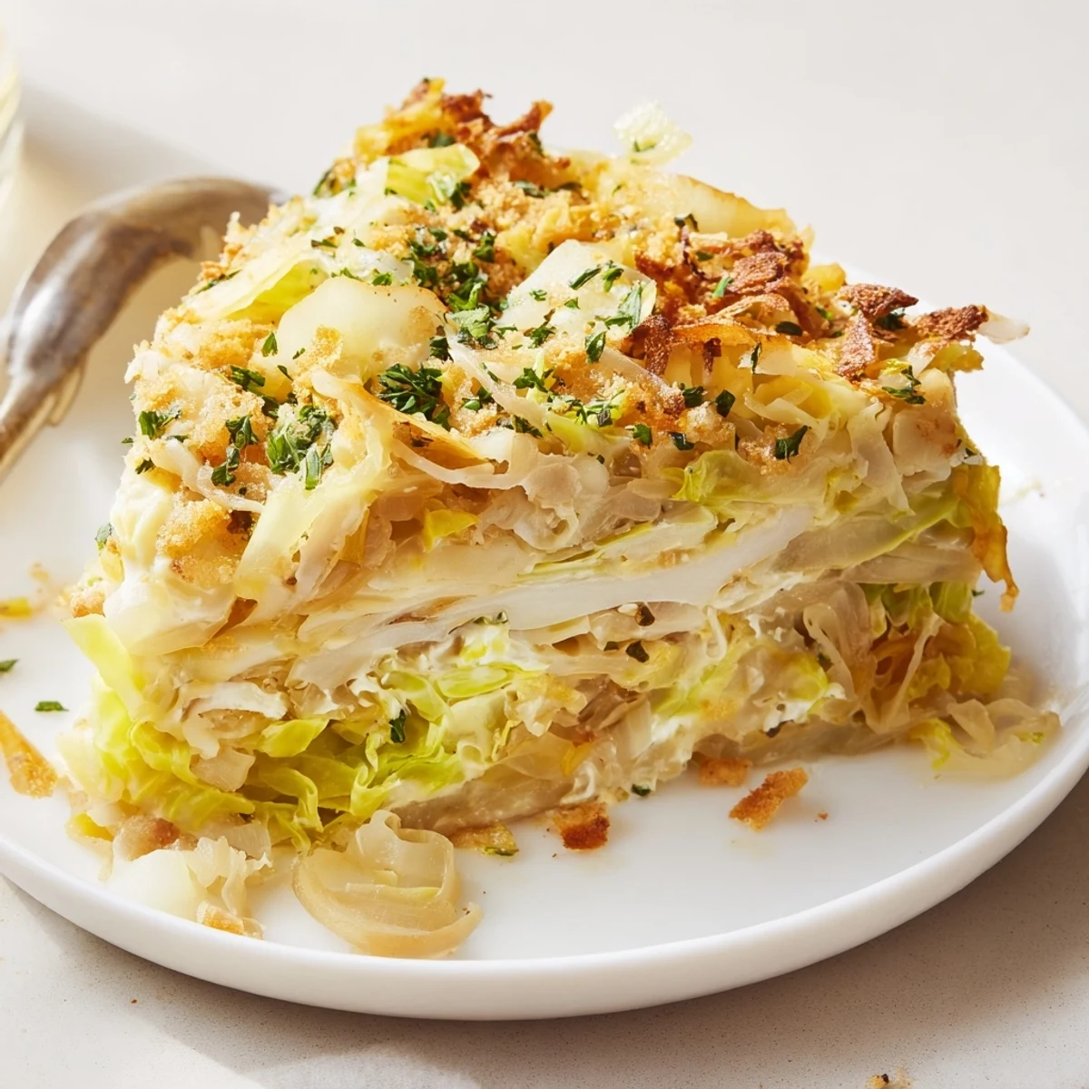 Sliced Slow Roasted Cabbage And Sauerkraut Casserole showing bubbling sour cream interior