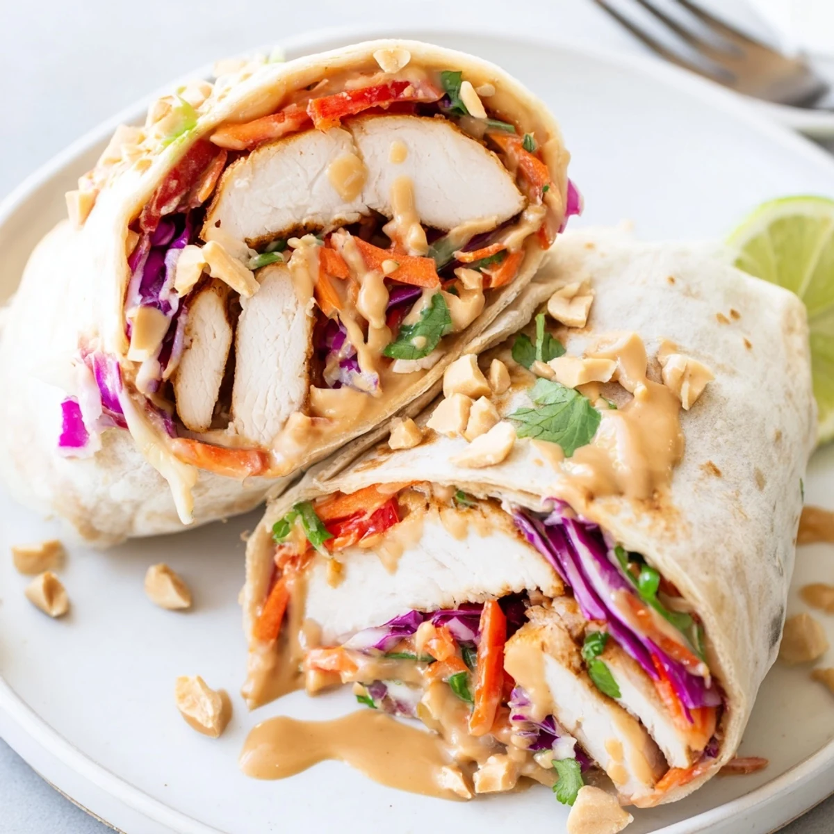Thai Peanut Chicken Wraps with creamy sauce, crisp cabbage, and cilantro garnish