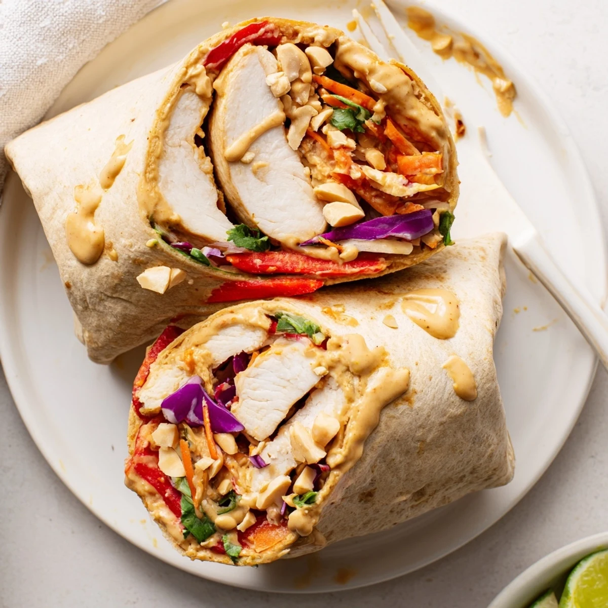 Warm Thai Peanut Chicken Wraps sliced in half, showing colorful crunchy vegetables