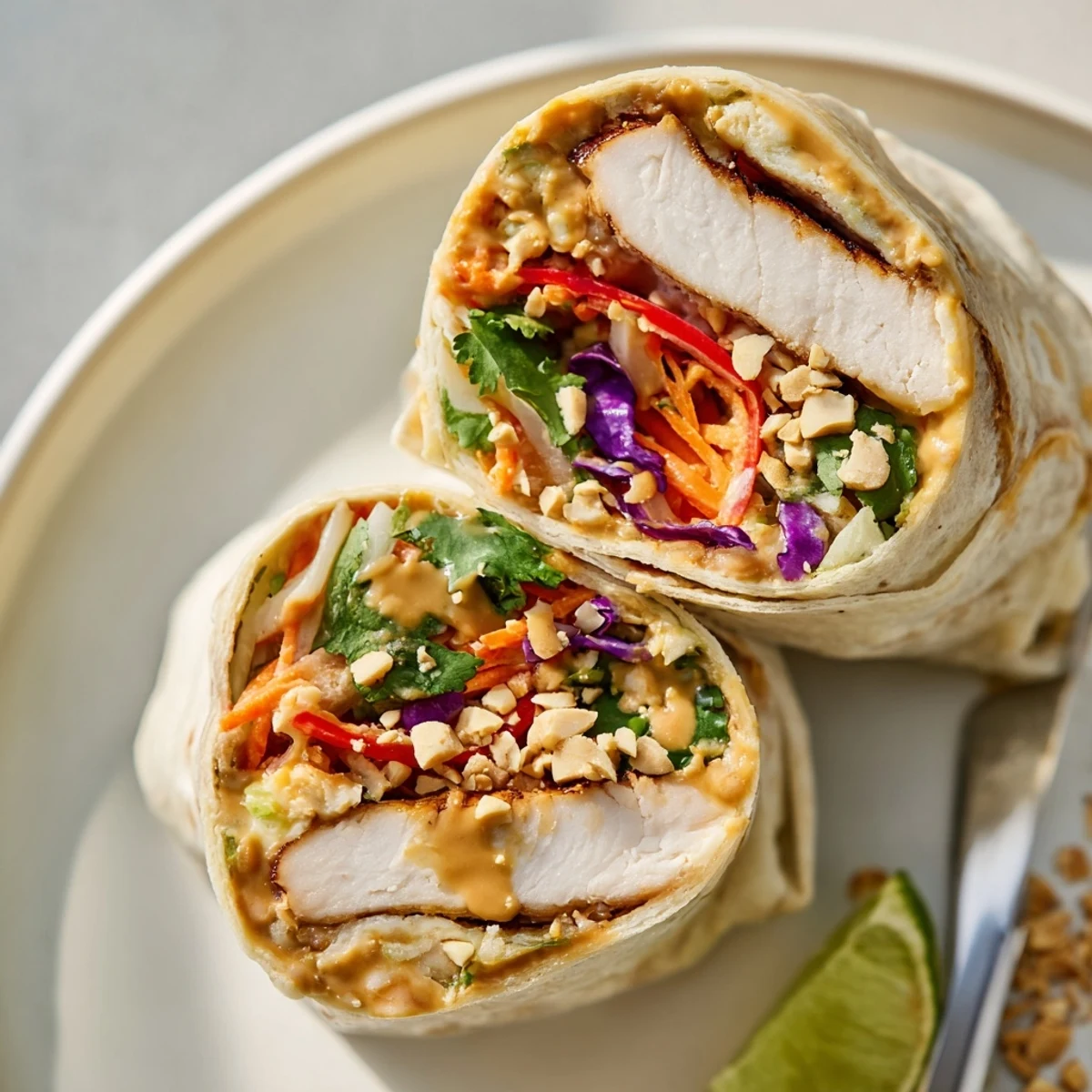 Grilled Thai Peanut Chicken Wraps served on plate with lime wedge, peanuts