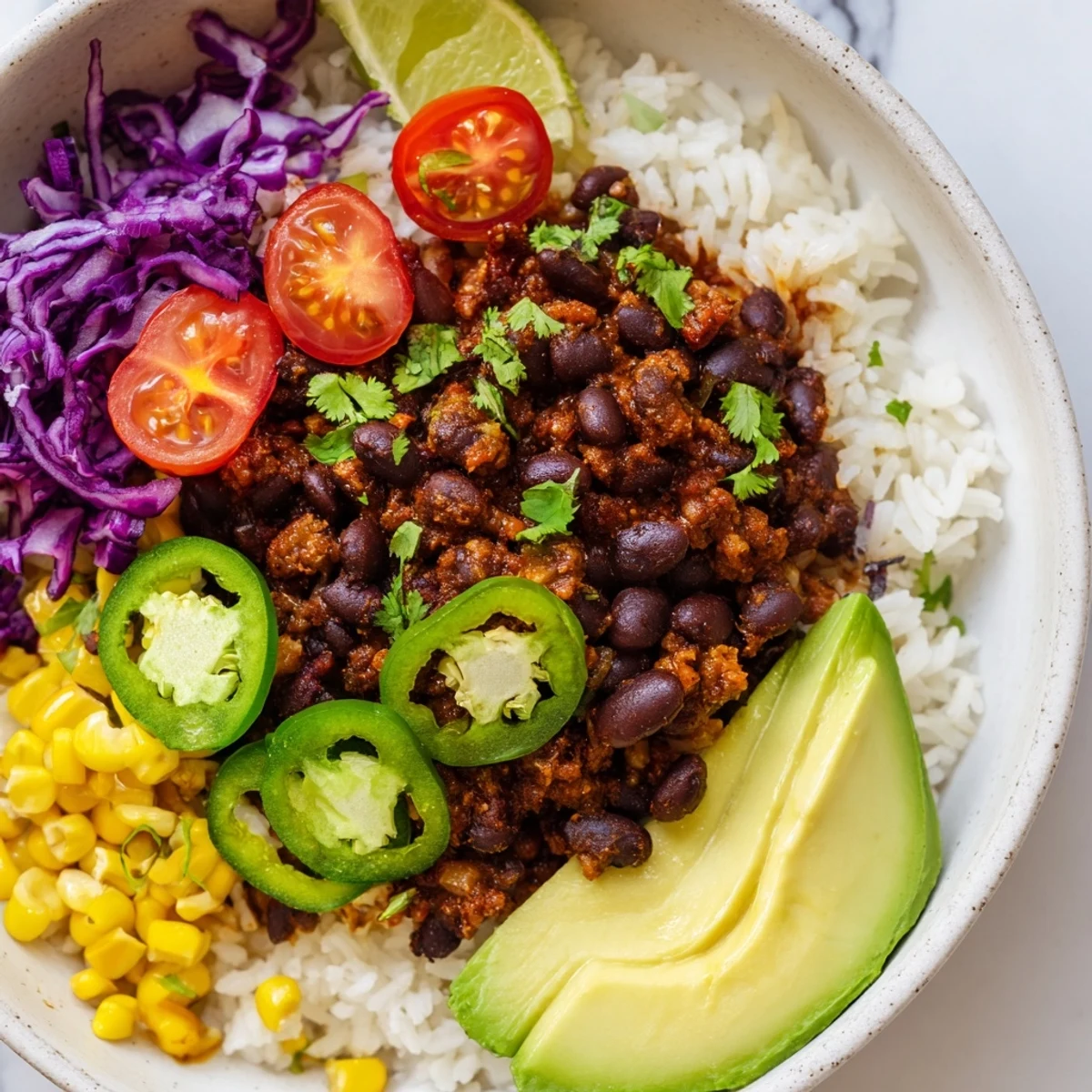 Colorful black bean and rice bowl topped with fresh avocado, tomatoes, and cilantro