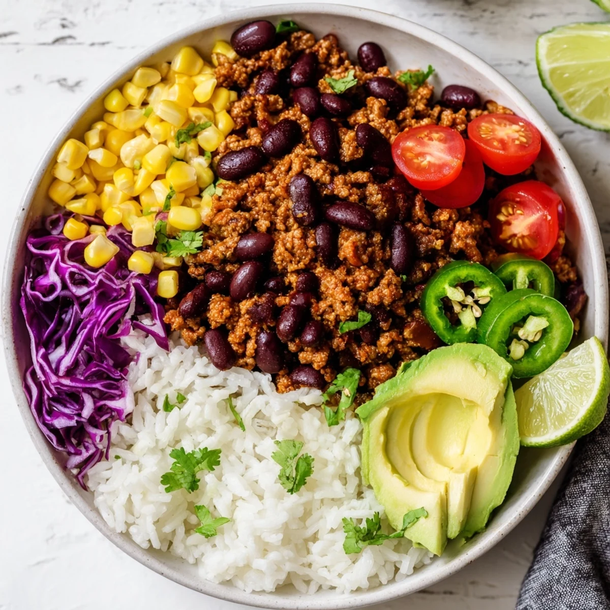 Steaming black bean and rice bowl garnished with vibrant red cabbage and lime wedges