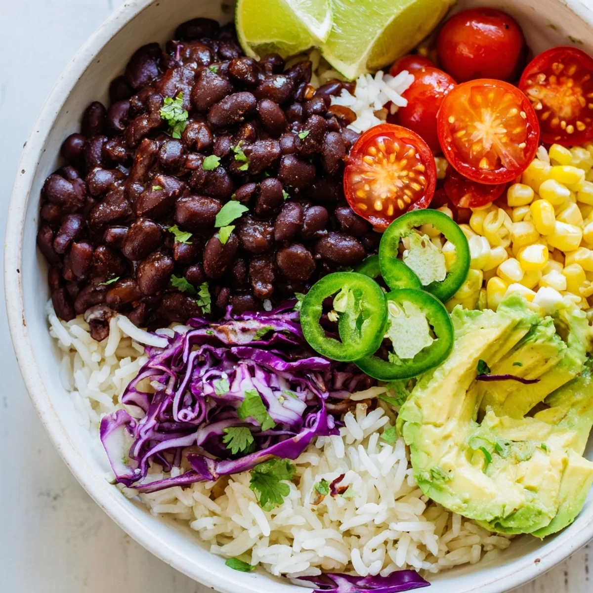 Hearty black bean and rice bowl drizzled with lime juice and sprinkled with corn