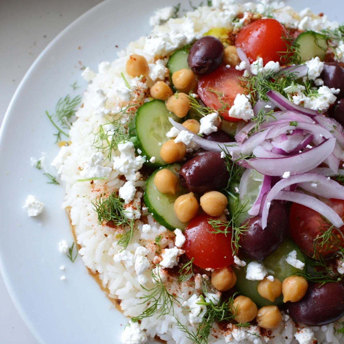 Mediterranean Rice Bowl topped with vibrant cherry tomatoes, cucumber, and crumbled feta cheese