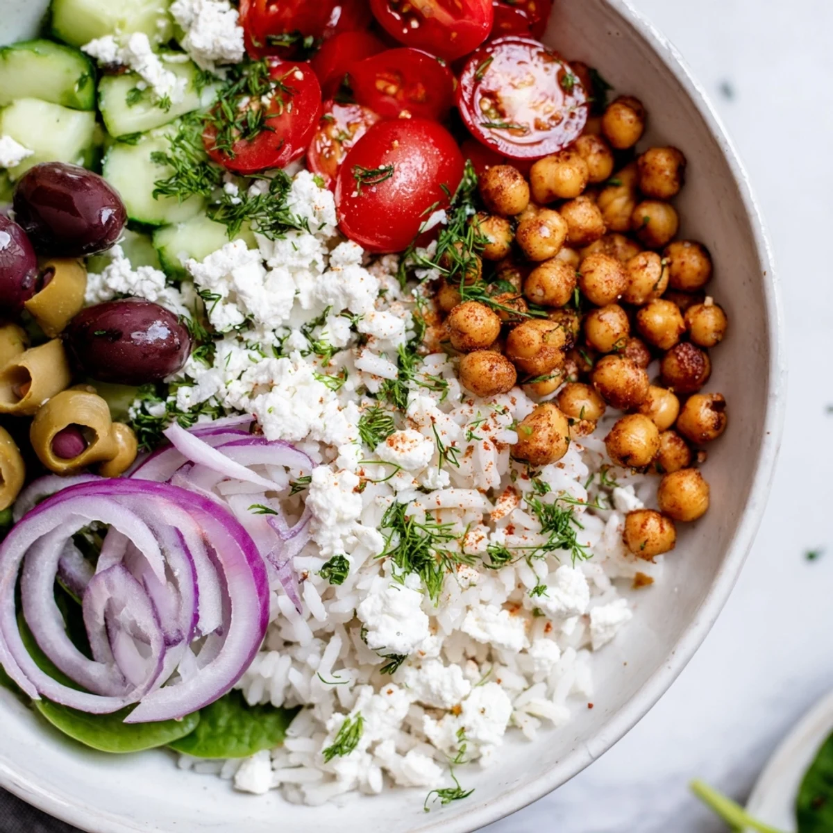 Fluffy Mediterranean Rice Bowl drizzled with lemon herb dressing and colorful fresh vegetables