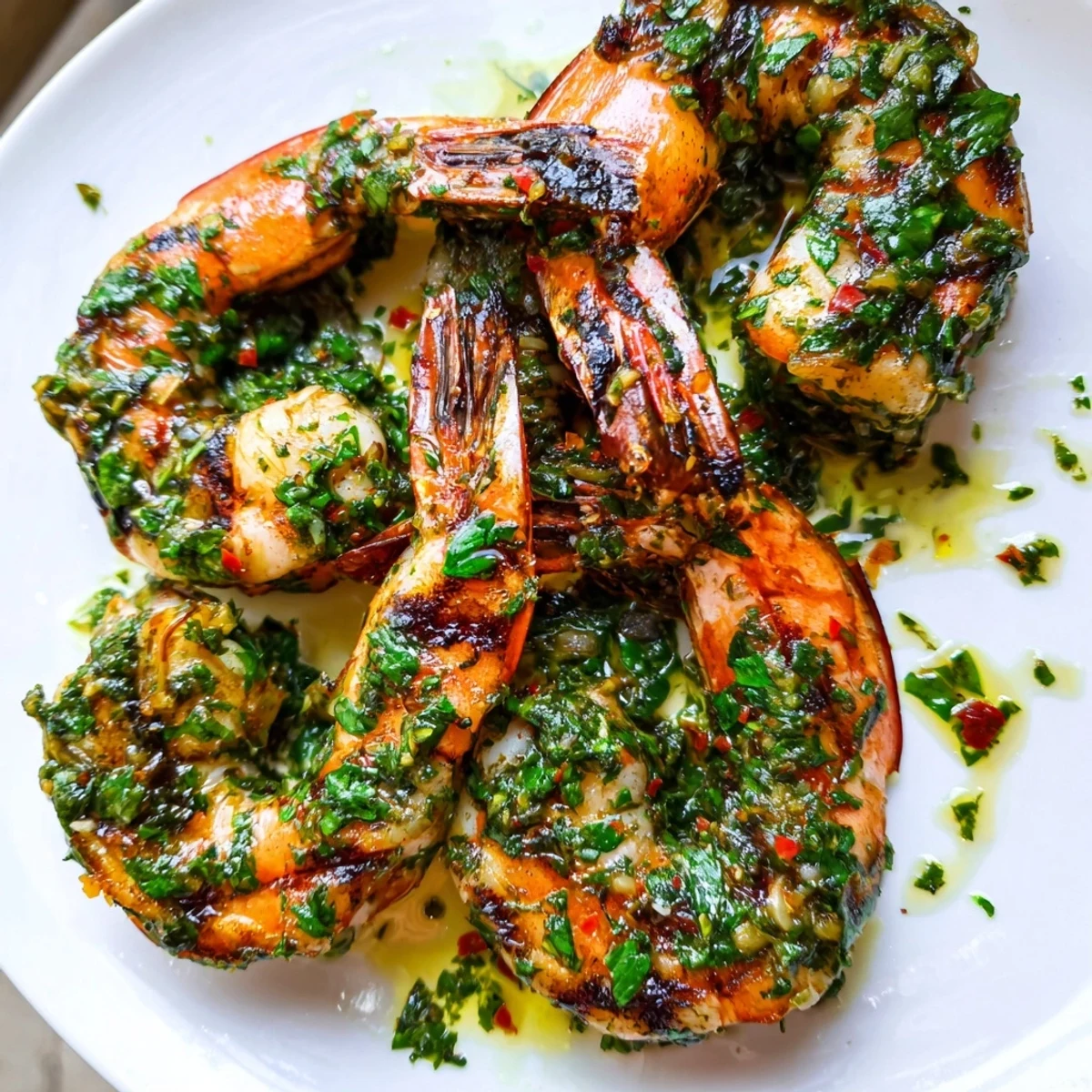 Sizzling chimichurri shrimp grilled to perfection with vibrant green herb sauce