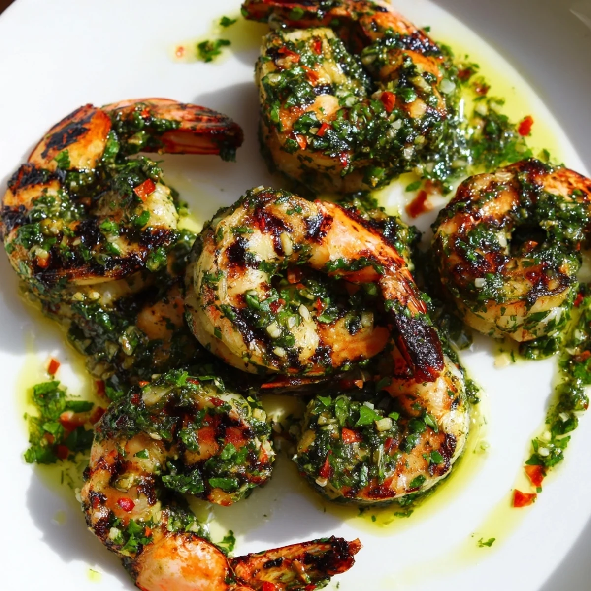 Juicy chimichurri shrimp draped in bright parsley cilantro marinade on a platter