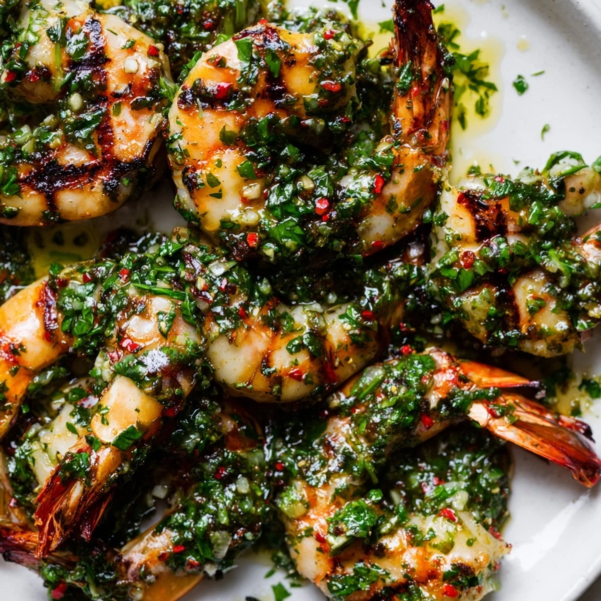Golden charred chimichurri shrimp skewers drizzled with fresh herby sauce ready to serve