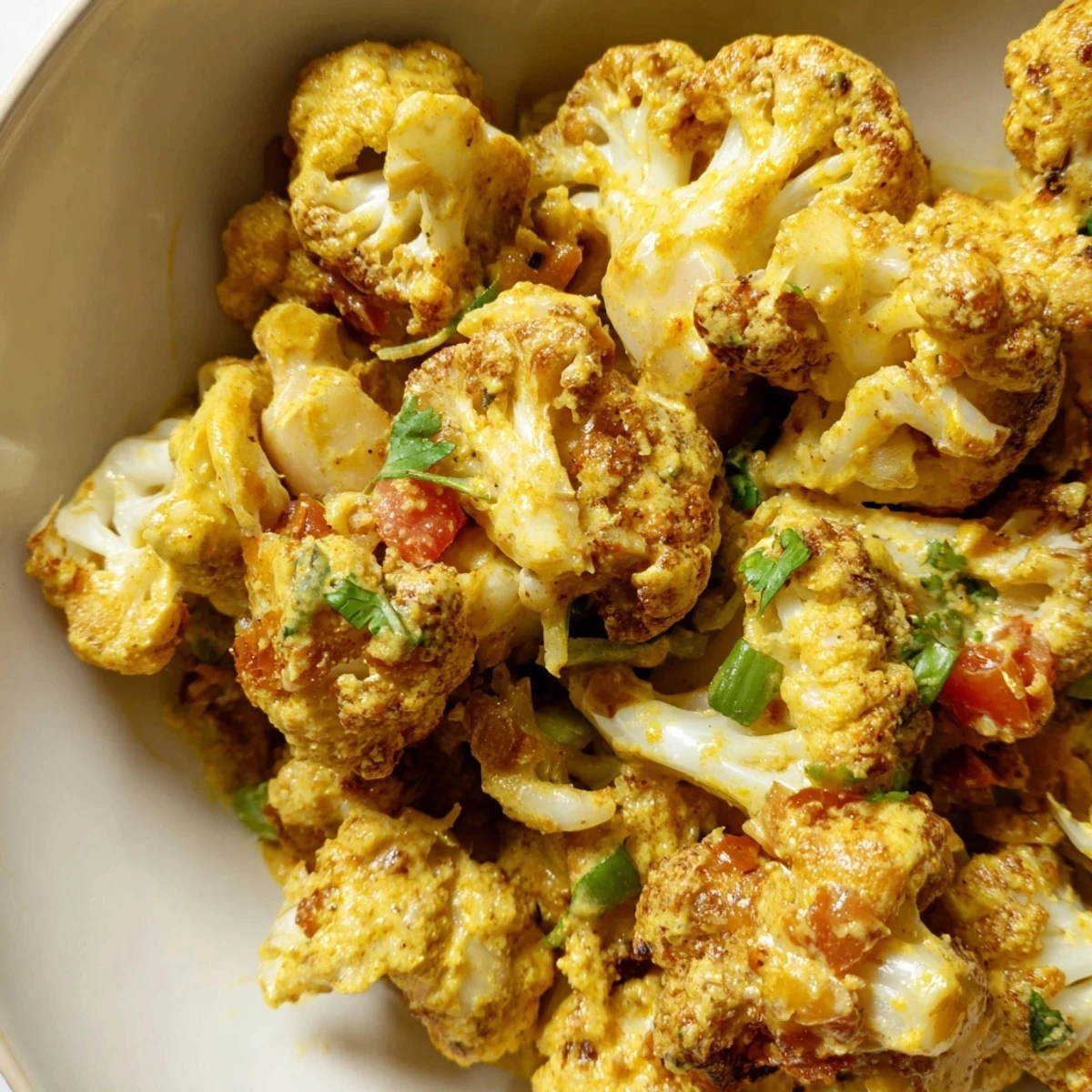 Creamy Greek yogurt cauliflower curry in a golden turmeric sauce with fresh cilantro garnish