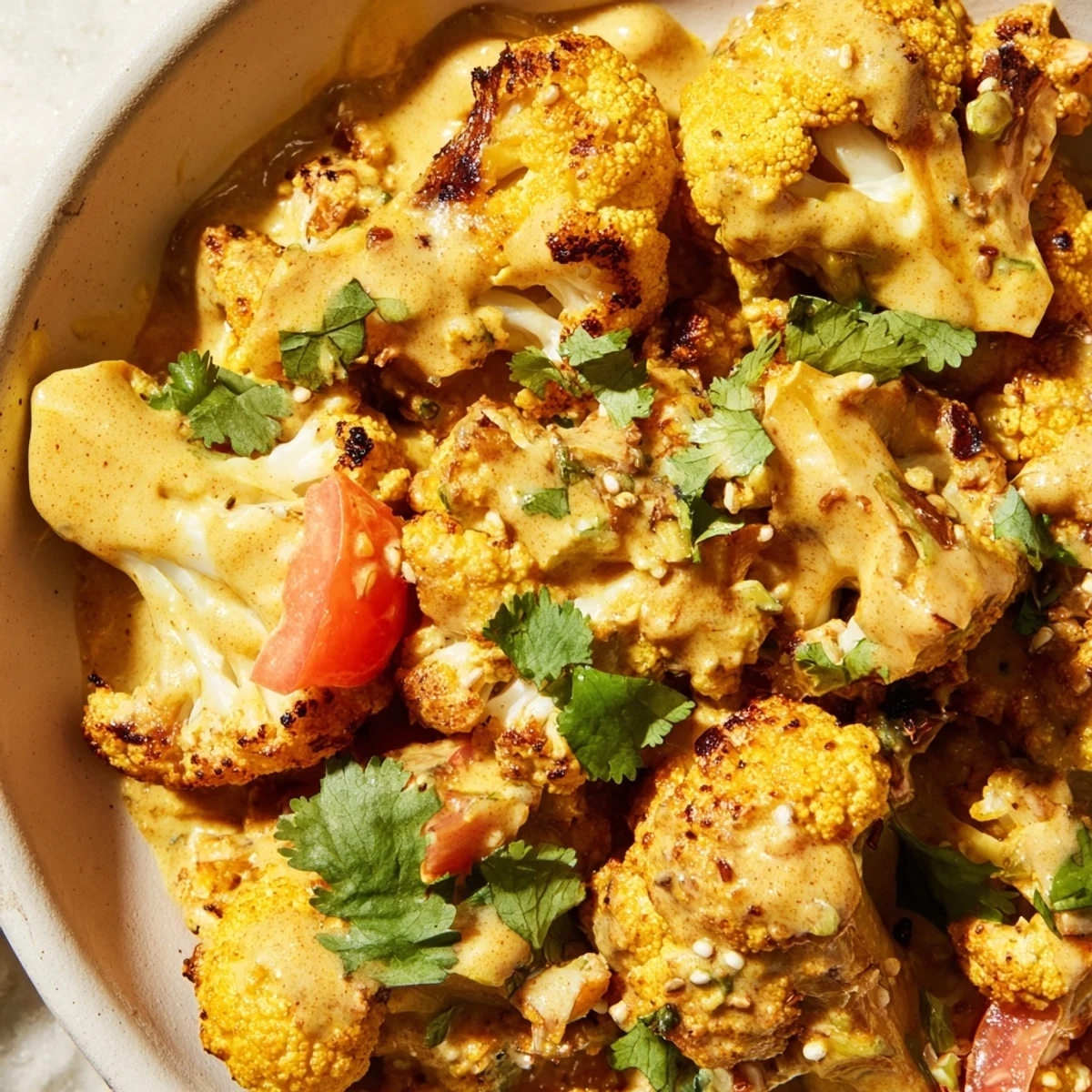 Golden Greek yogurt cauliflower curry served steaming hot with basmati rice and lemon wedges