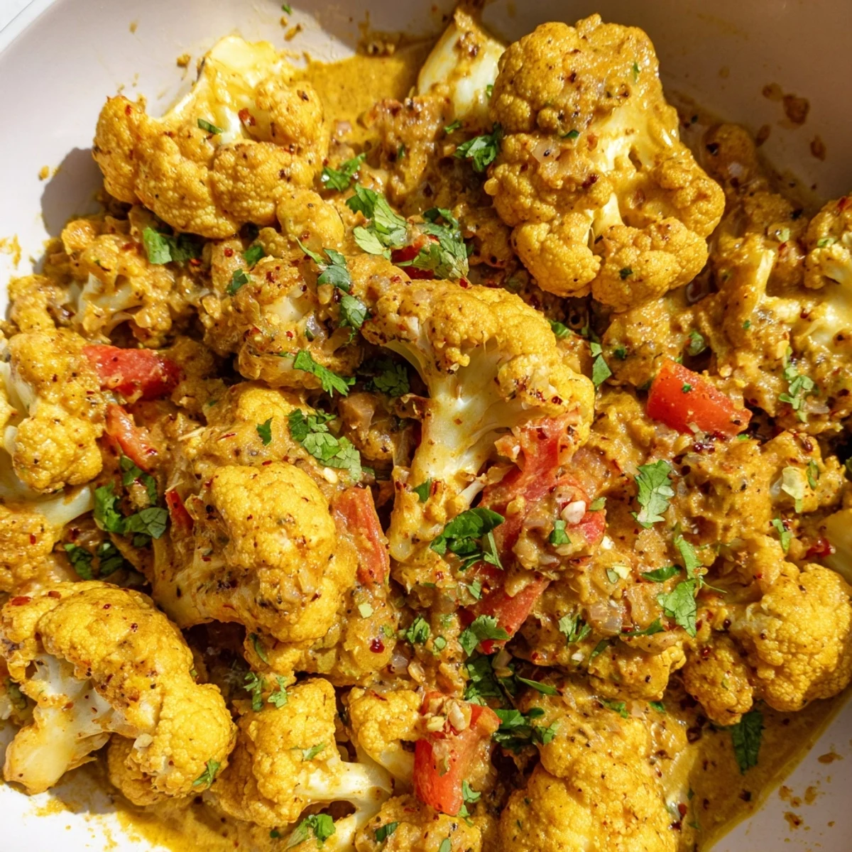 Bowl of Greek yogurt cauliflower curry with tender roasted florets in spiced tomato sauce
