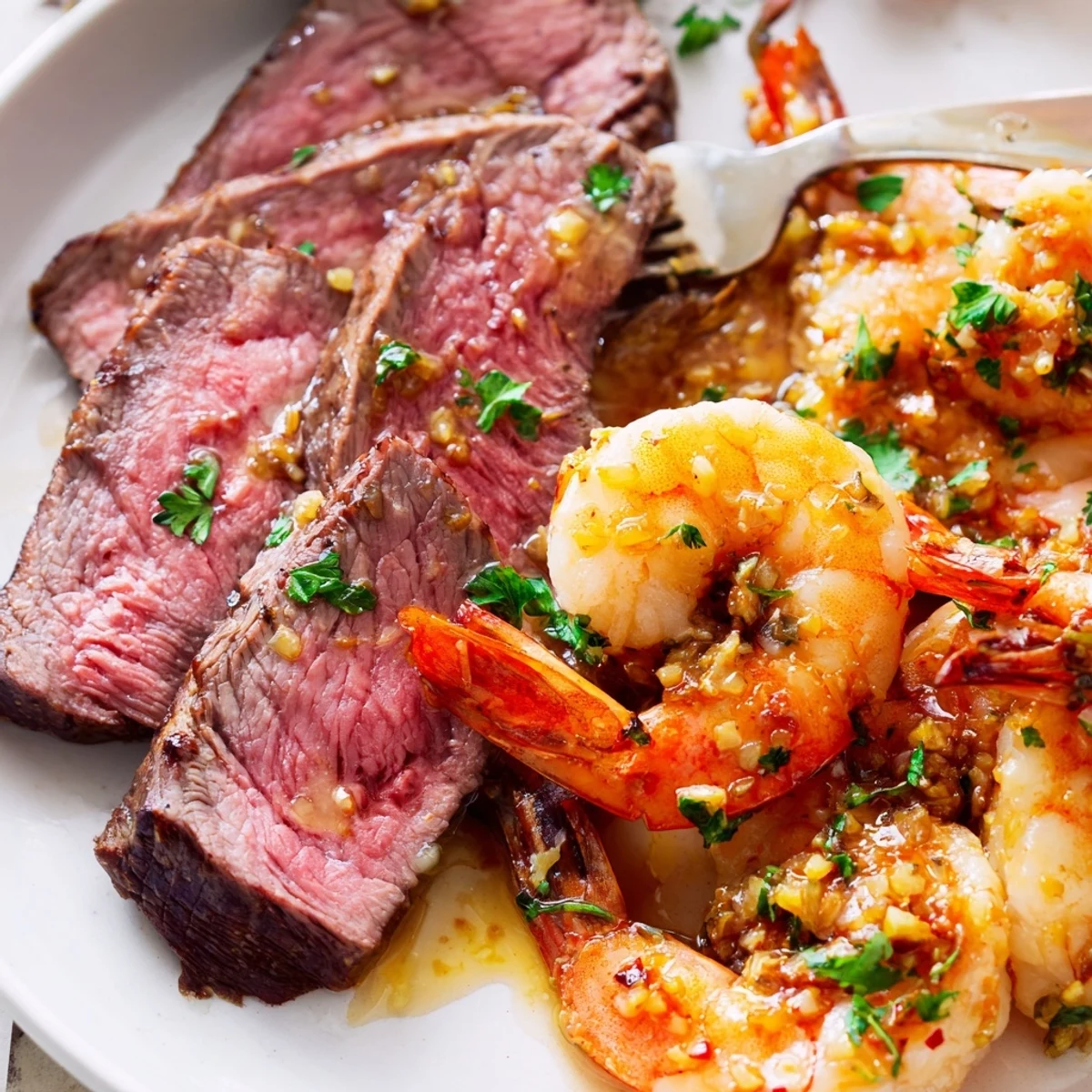 Steak and Garlic Butter Shrimp plated on a white dish with fresh parsley garnish