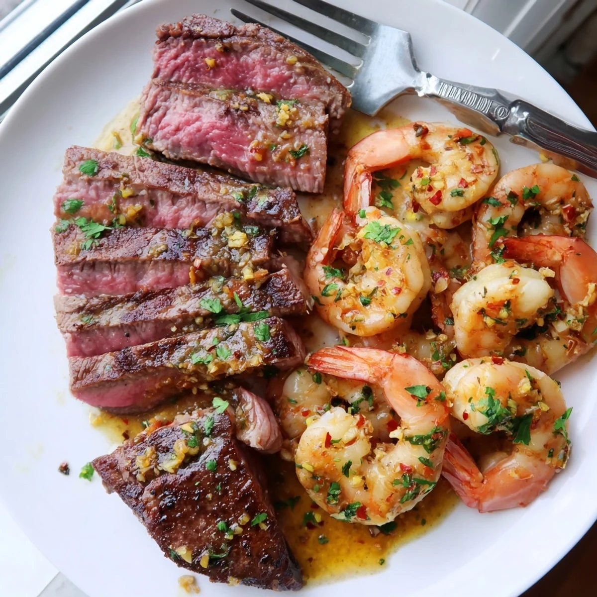 Perfectly seared Steak and Garlic Butter Shrimp drizzled with golden buttery pan sauce