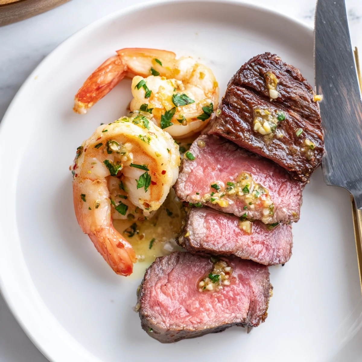 Steak and Garlic Butter Shrimp served sizzling in a cast iron skillet